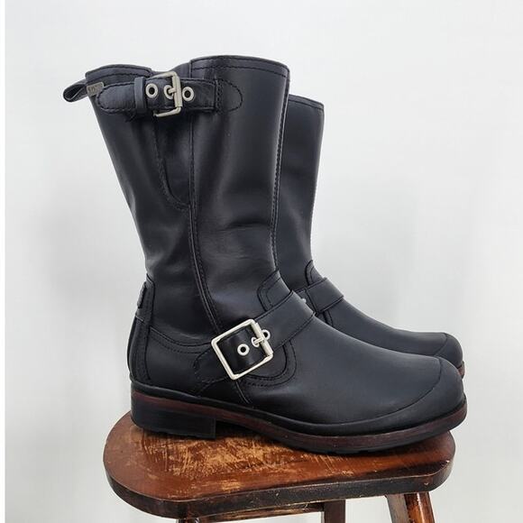 UGG Men's Randell Black Leather‎ Waterproof Motorcycle Boots Size 11.5 - Picture 3 of 13